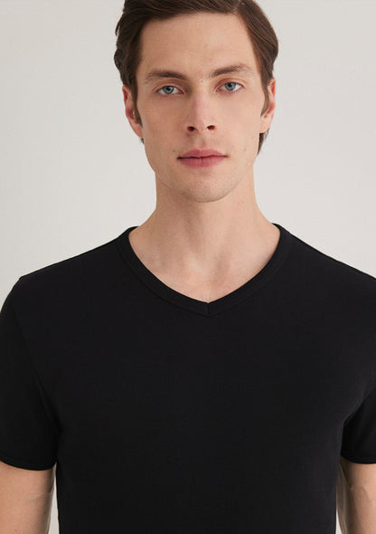 V Neck Siyah Basic T-Shirt