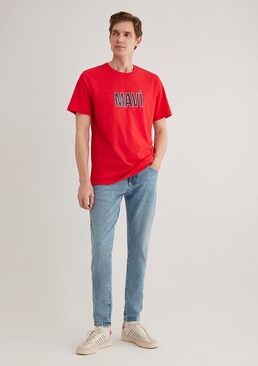 Blue Logo Printed Red T-Shirt