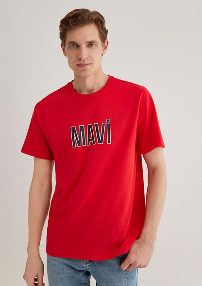 Blue Logo Printed Red T-Shirt