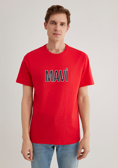 Blue Logo Printed Red T-Shirt