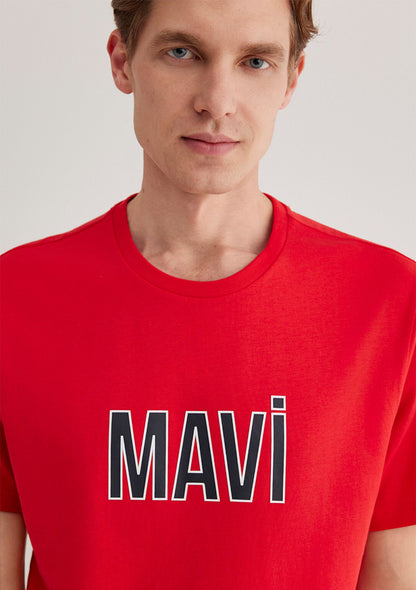 Blue Logo Printed Red T-Shirt