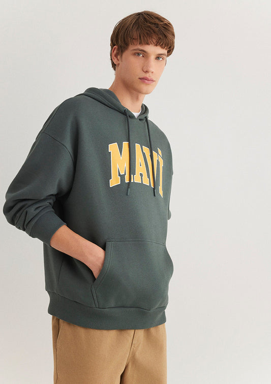 Blue Logo Printed Hooded Green Sweatshirt