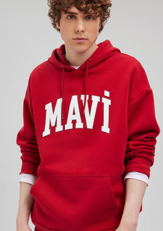 Mavi Logo Printed Hooded Red Sweatshirt