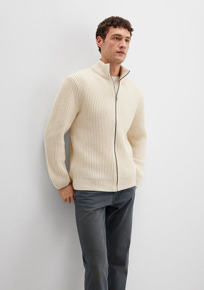Wool Mix Full Zip Ecru Cardigan