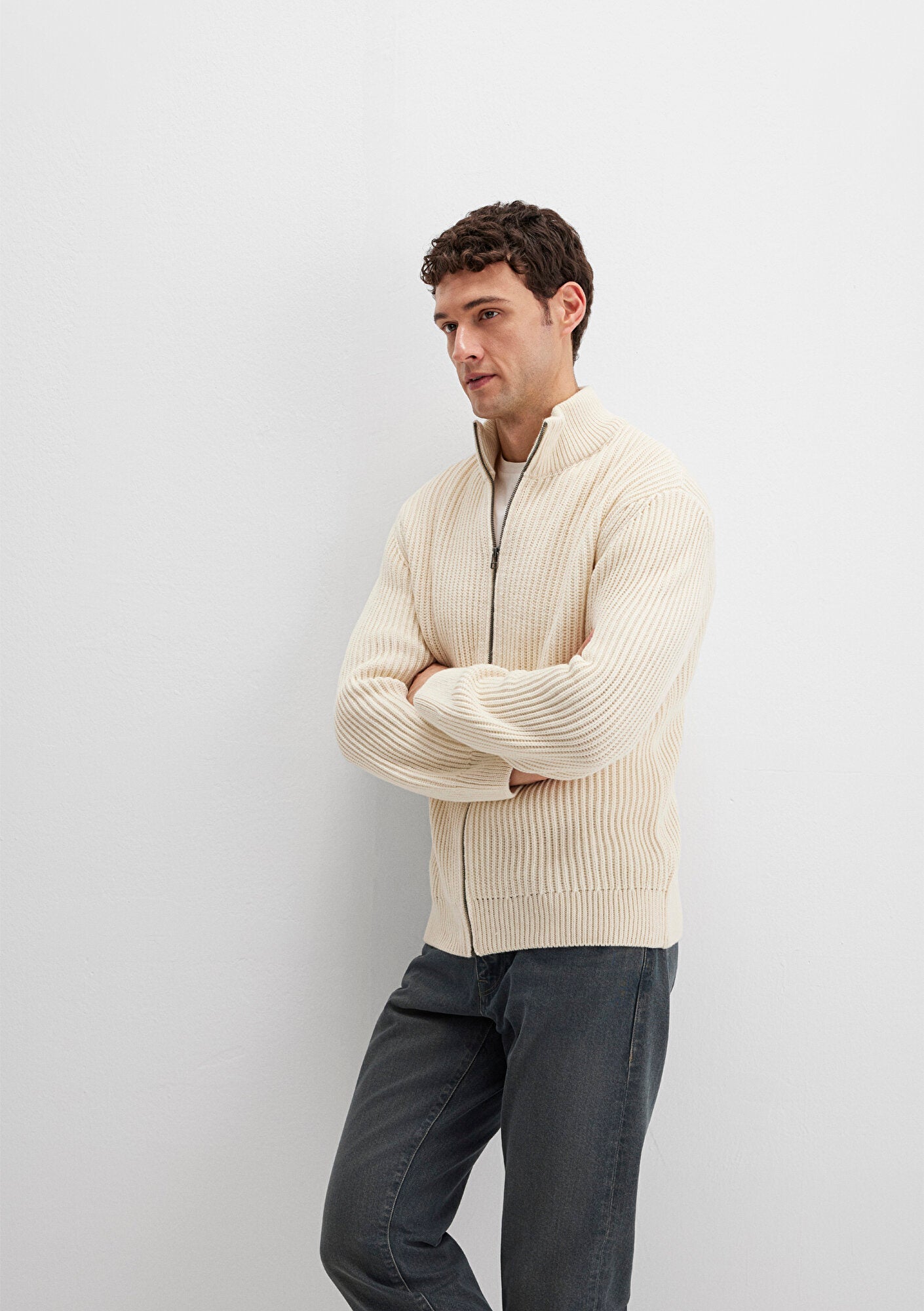 Wool Mix Full Zip Ecru Cardigan