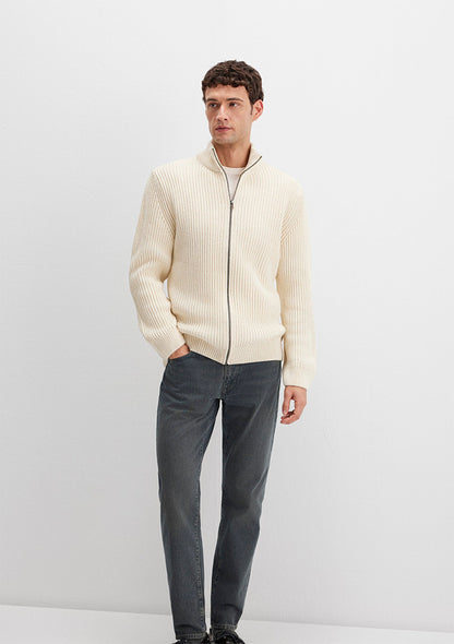 Wool Mix Full Zip Ecru Cardigan