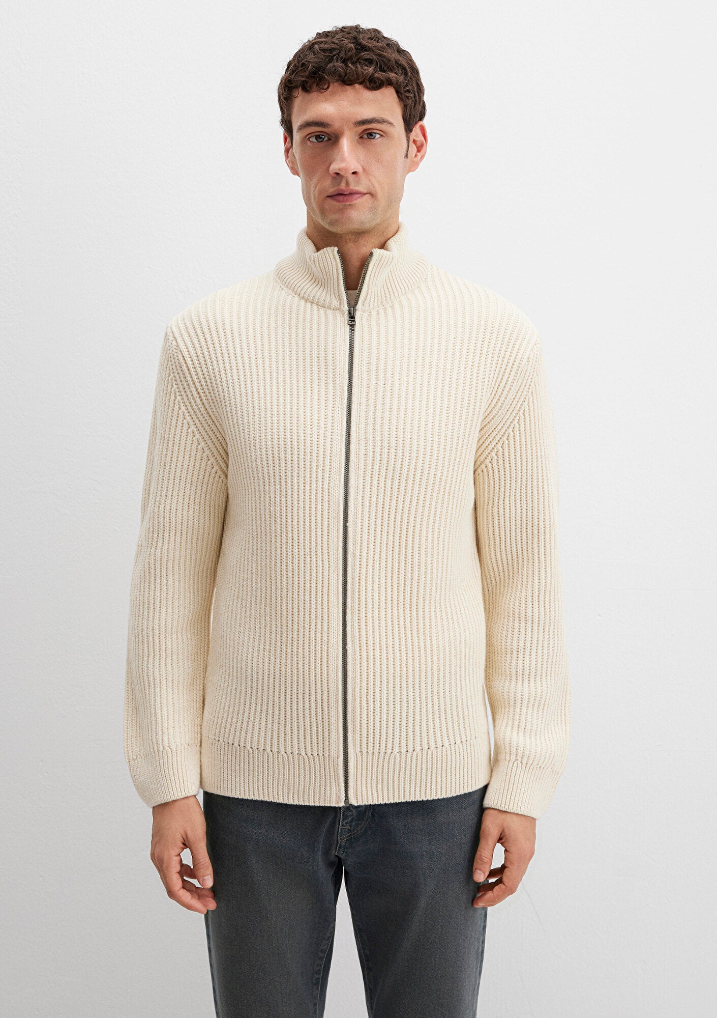 Wool Mix Full Zip Ecru Cardigan