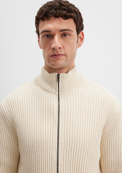 Wool Mix Full Zip Ecru Cardigan