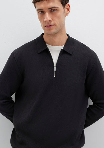 Zipper Black Knit Polo
