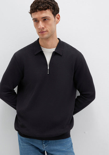 Zipper Black Knit Polo
