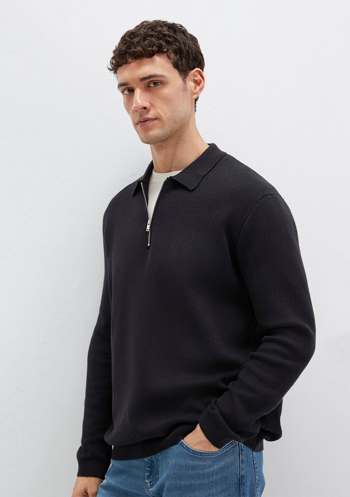 Zipper Black Knit Polo