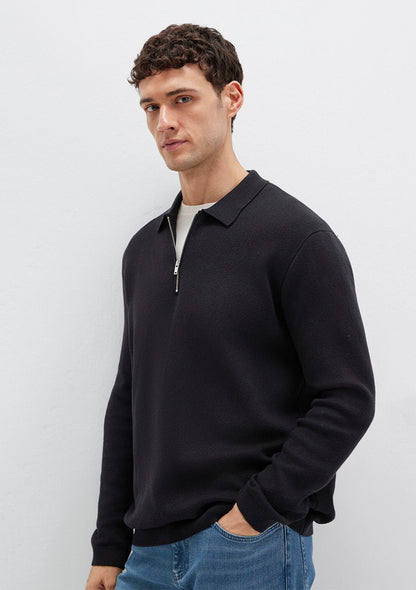Zipper Black Knit Polo