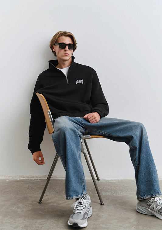 Mavi Logo Printed Half Zip Black Sweatshirt