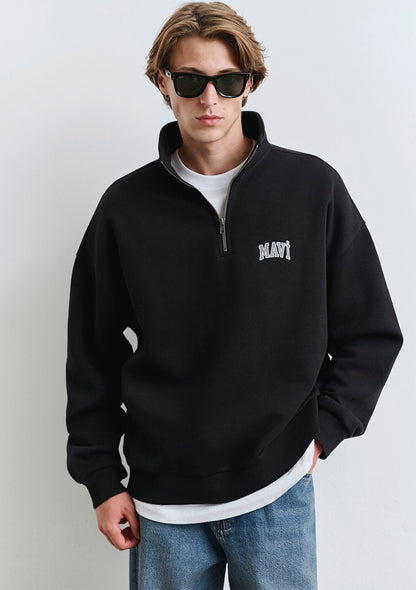 Mavi Logo Printed Half Zip Black Sweatshirt