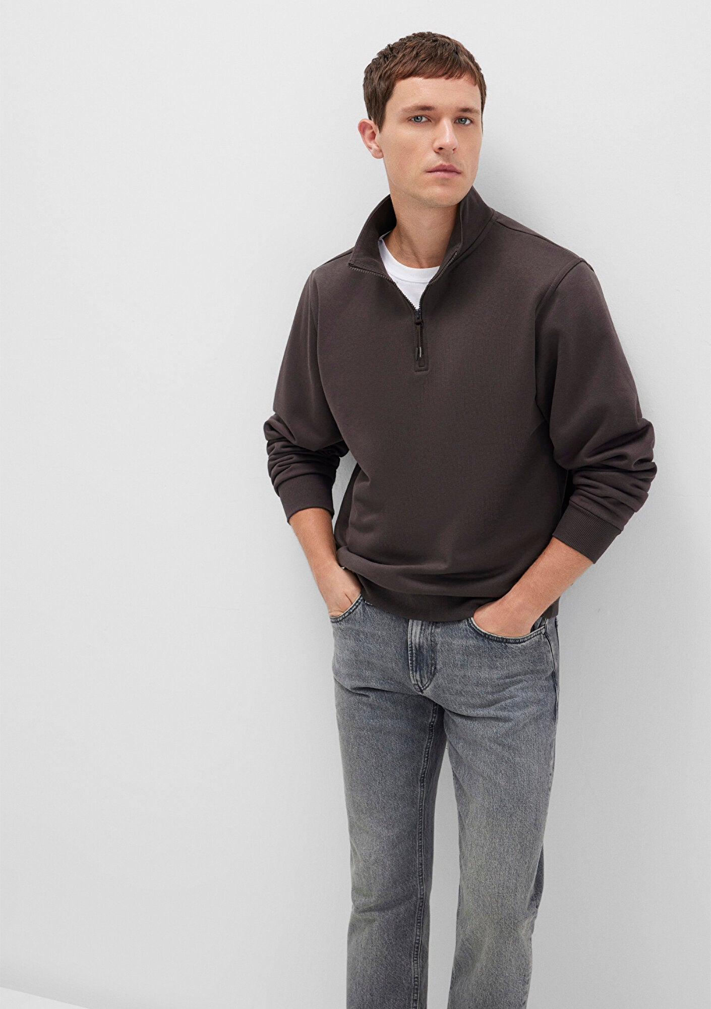Half Zip Brown Basic Sweatshirt