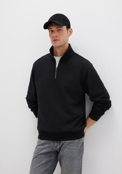 Half Zip Black Basic Sweatshirt