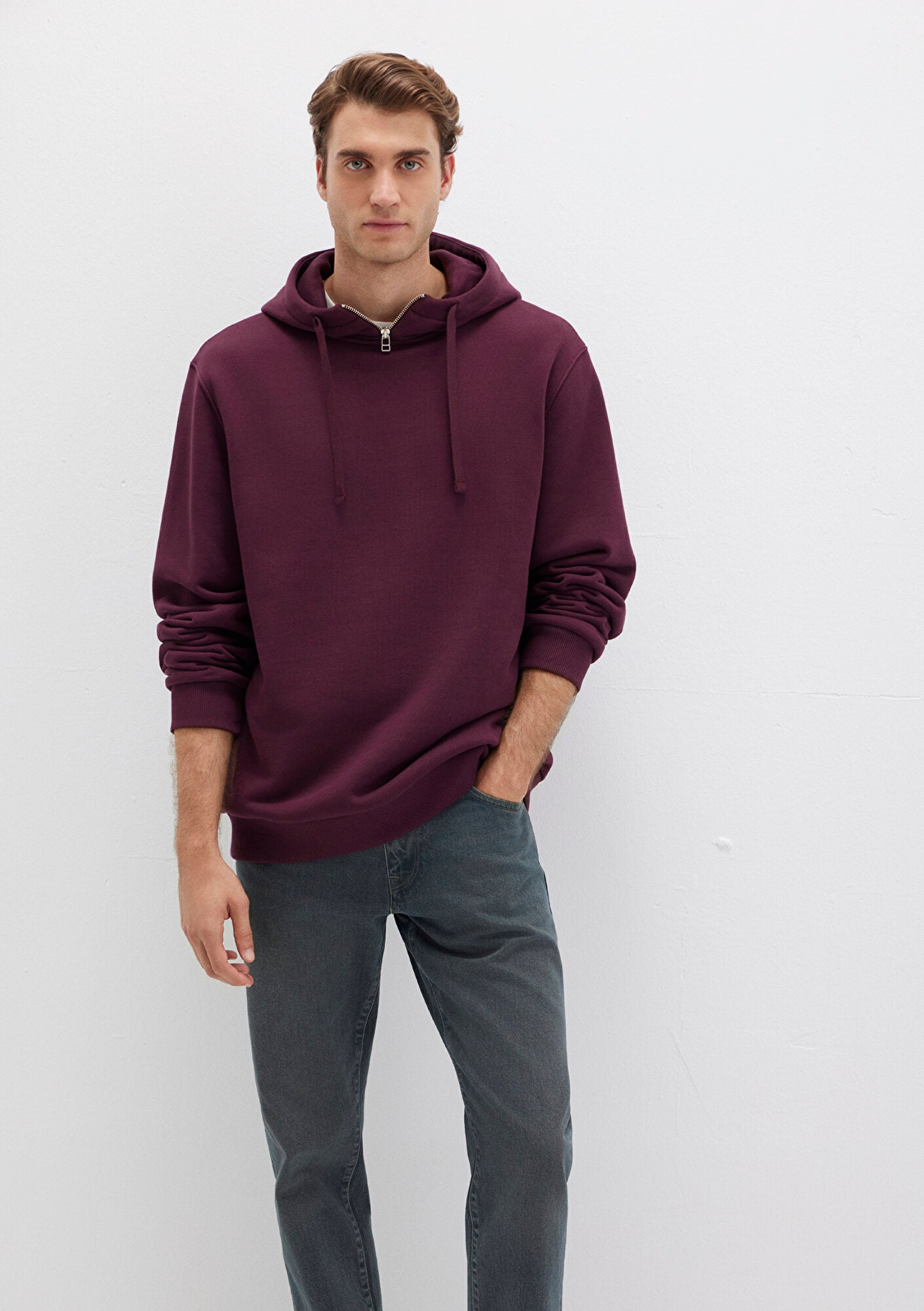 Zip Detailed Hooded Burgundy Sweatshirt