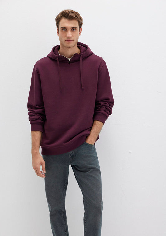 Zip Detailed Hooded Burgundy Sweatshirt