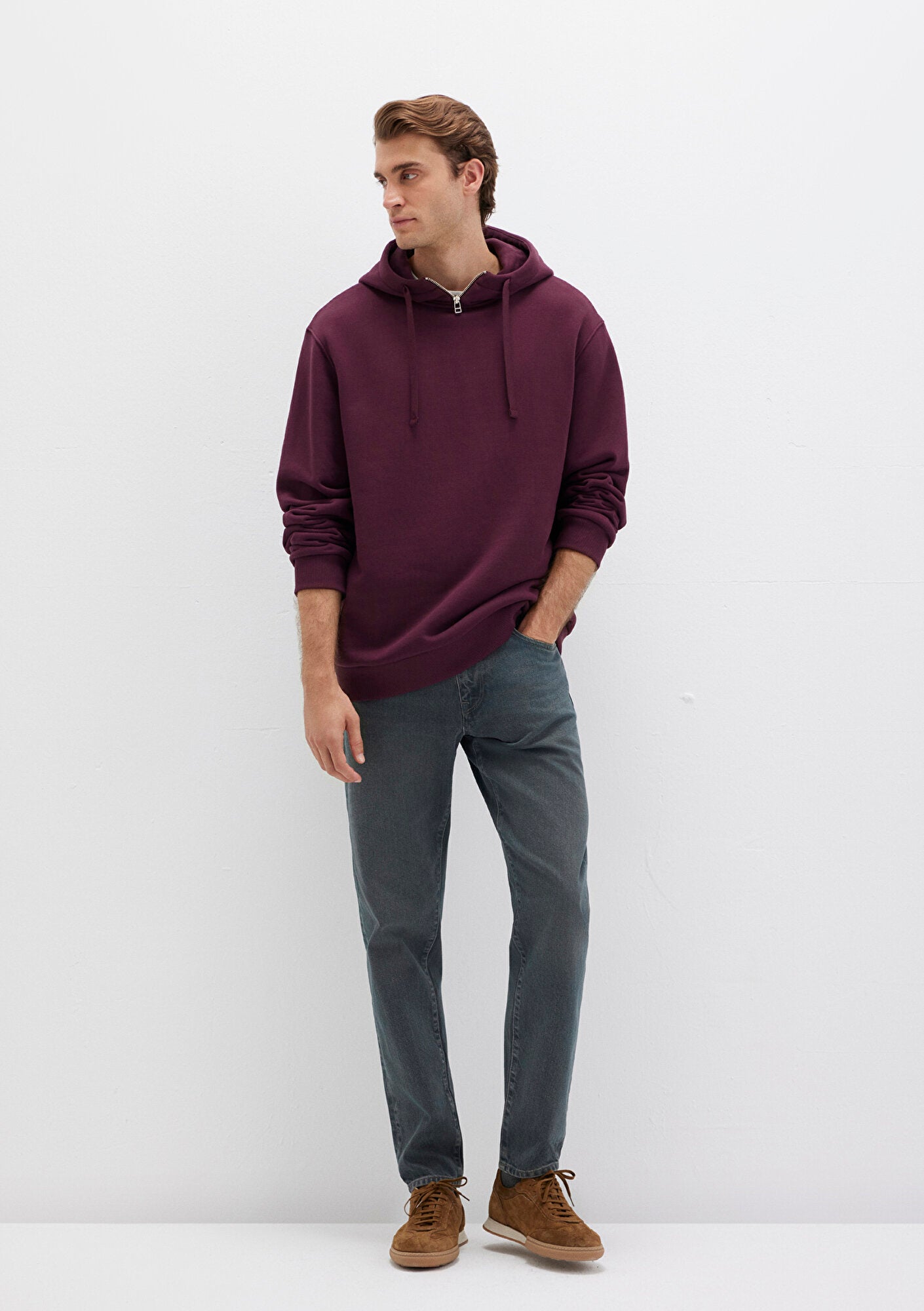 Zip Detailed Hooded Burgundy Sweatshirt