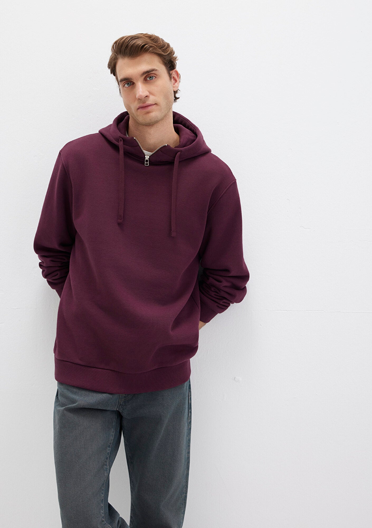 Zip Detailed Hooded Burgundy Sweatshirt