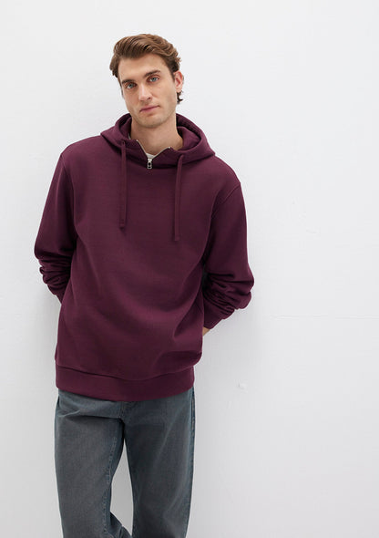 Zip Detailed Hooded Burgundy Sweatshirt