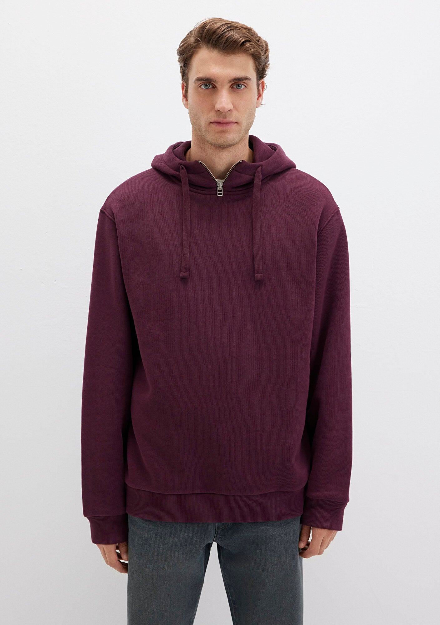 Zip Detailed Hooded Burgundy Sweatshirt