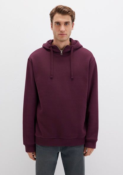 Zip Detailed Hooded Burgundy Sweatshirt