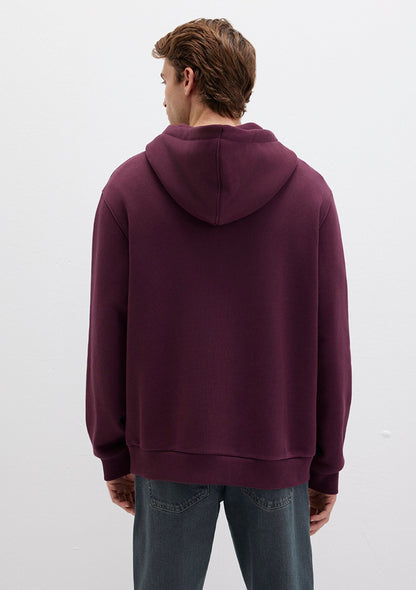 Zip Detailed Hooded Burgundy Sweatshirt