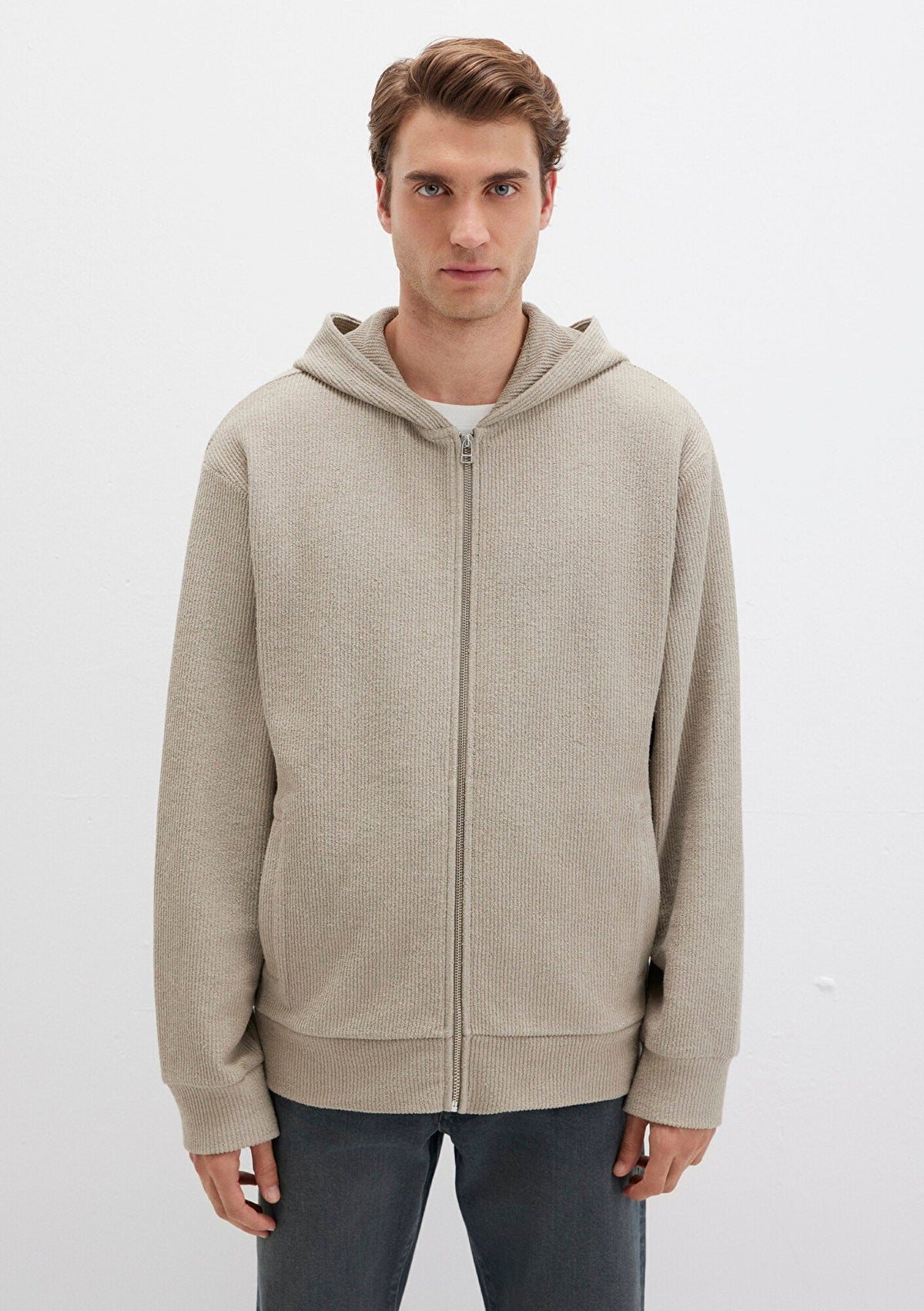 Striped Hooded Beige Sweatshirt