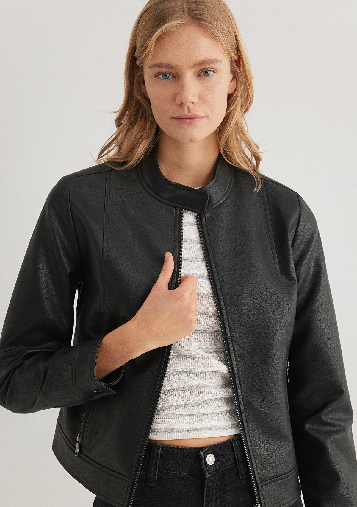 Stand Collar Black Faux Leather Jacket