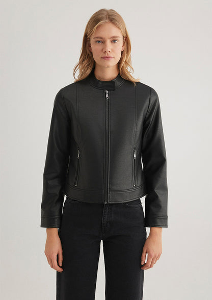 Stand Collar Black Faux Leather Jacket