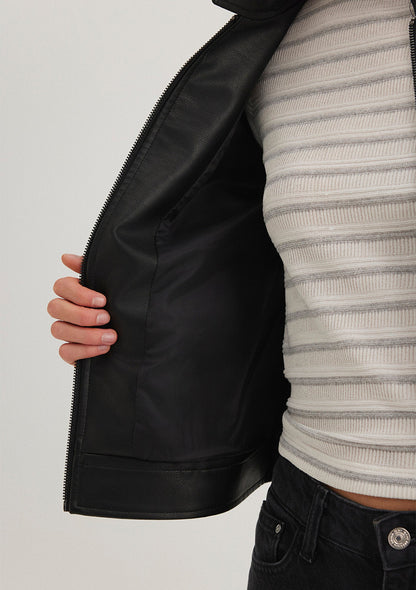 Stand Collar Black Faux Leather Jacket