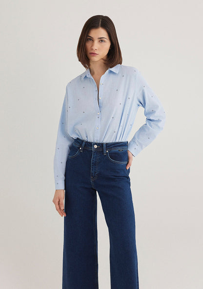 Flower Embroidered Blue Shirt