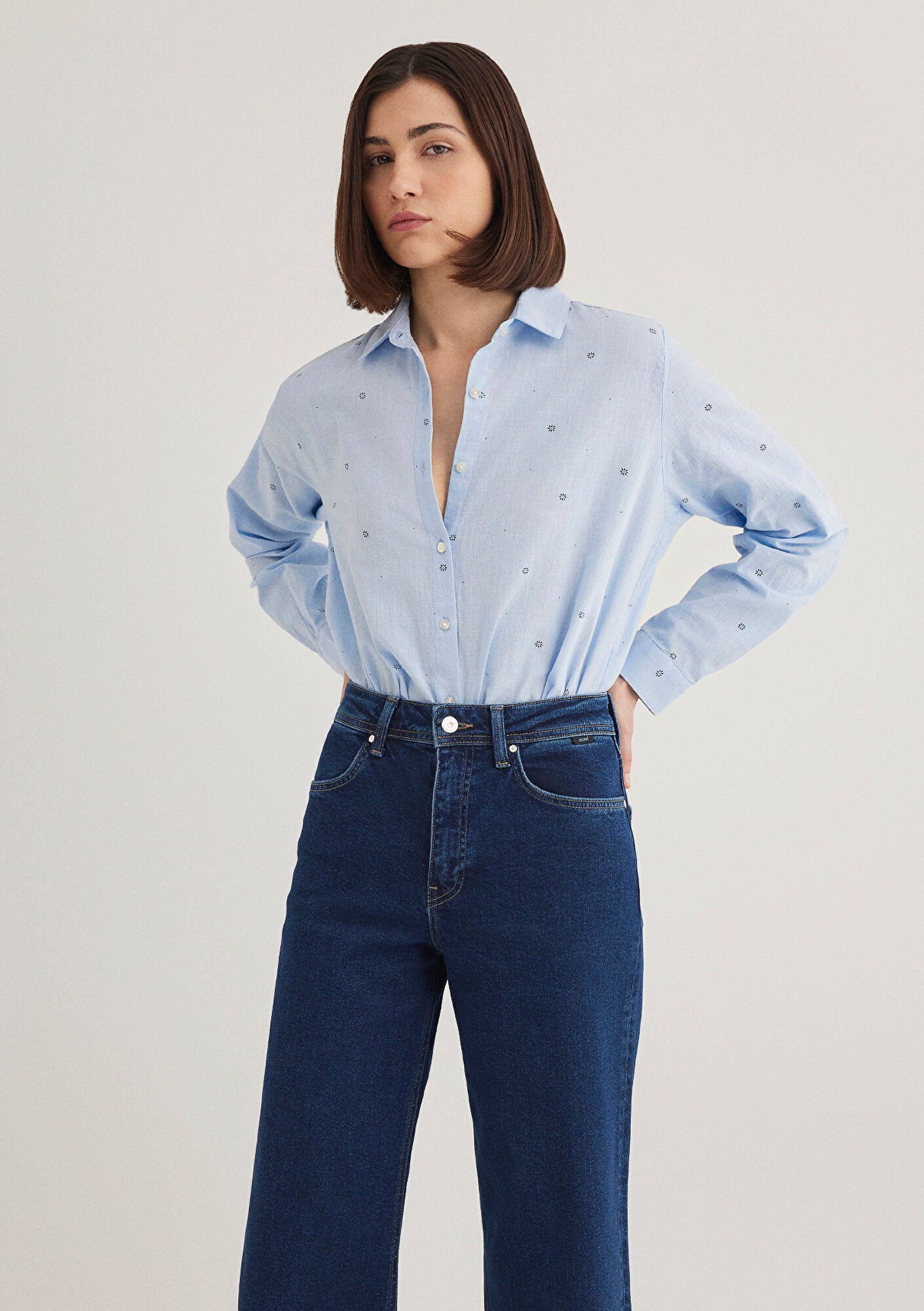 Flower Embroidered Blue Shirt