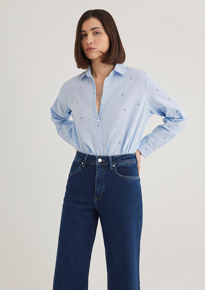 Flower Embroidered Blue Shirt
