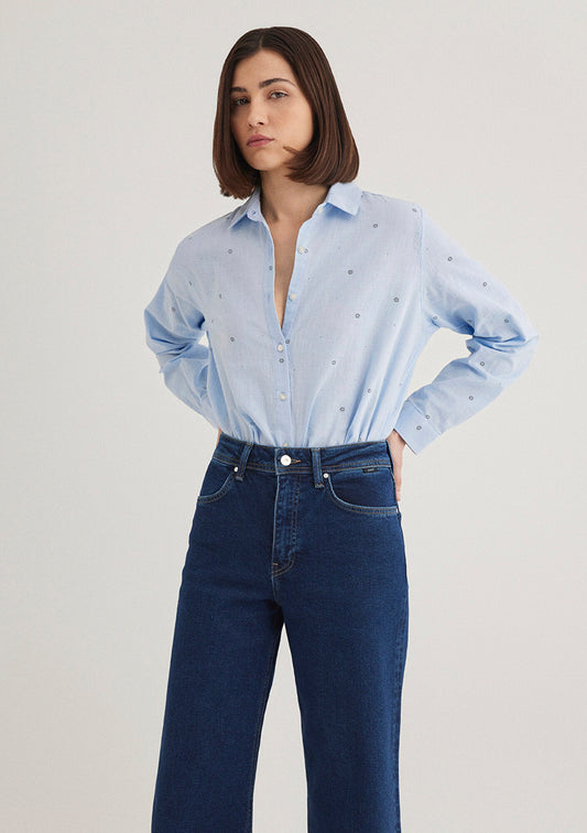 Flower Embroidered Blue Shirt