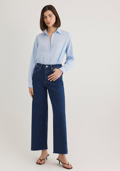 Flower Embroidered Blue Shirt