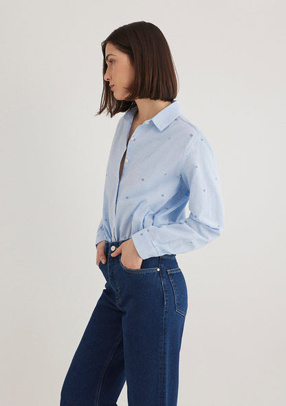 Flower Embroidered Blue Shirt