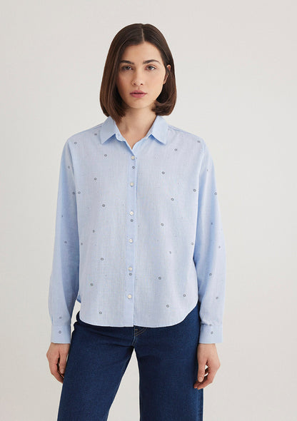 Flower Embroidered Blue Shirt