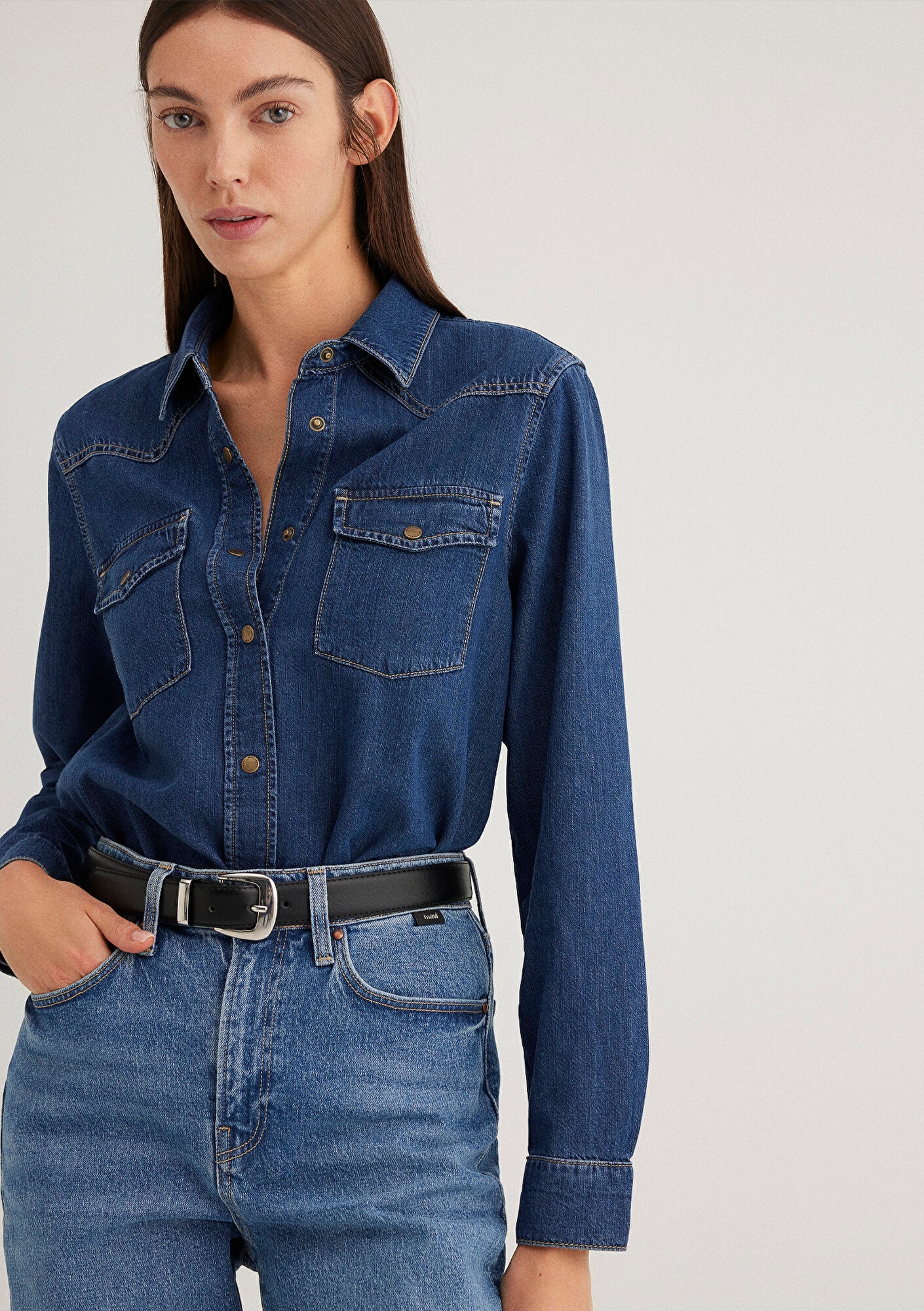 Angela Dark Blue Classic Denim Jean Shirt