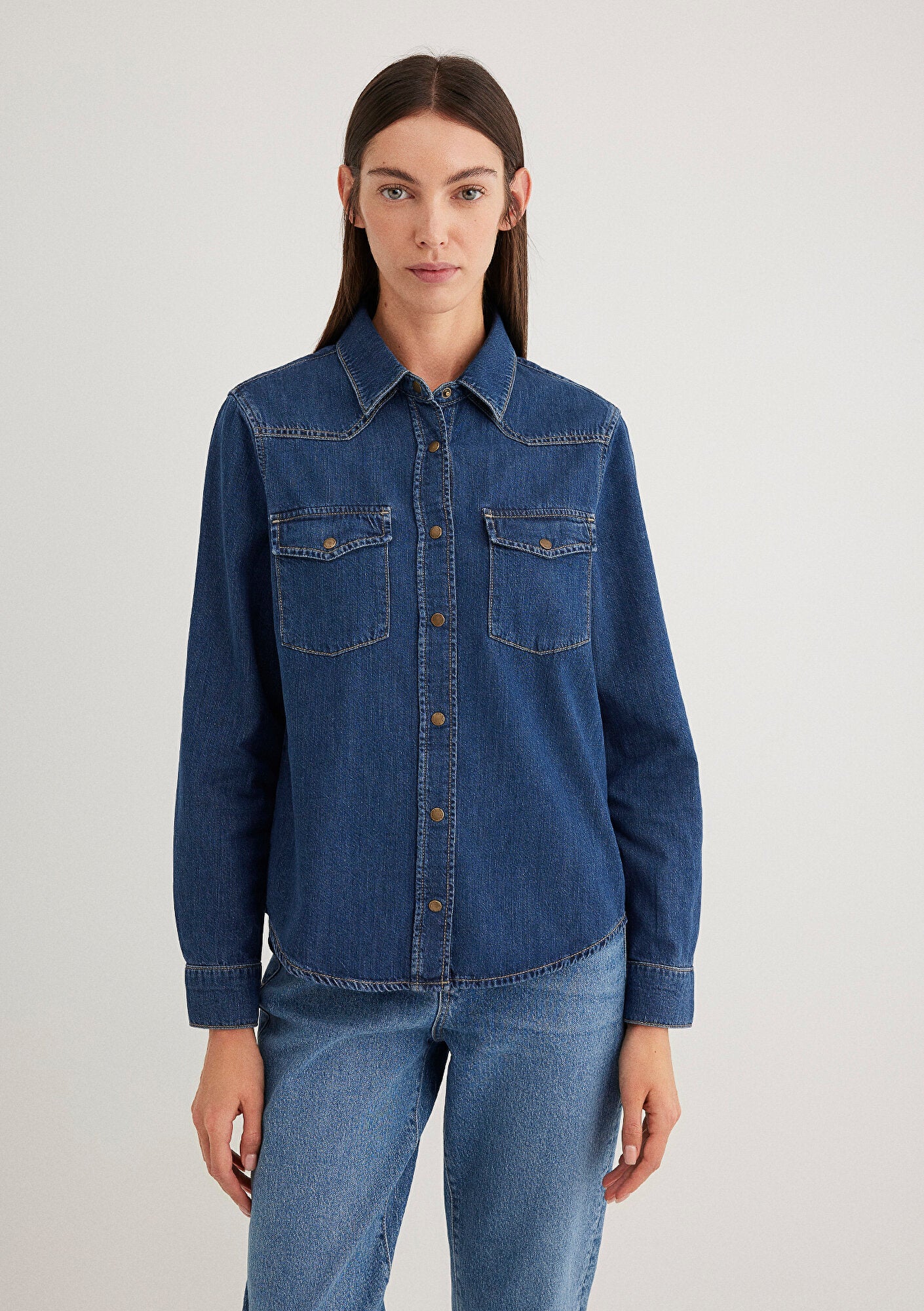 Angela Dark Blue Classic Denim Jean Shirt