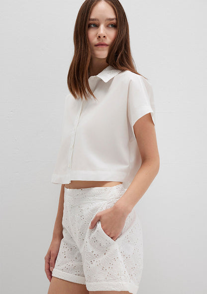Collar Detailed White Crop Shirt