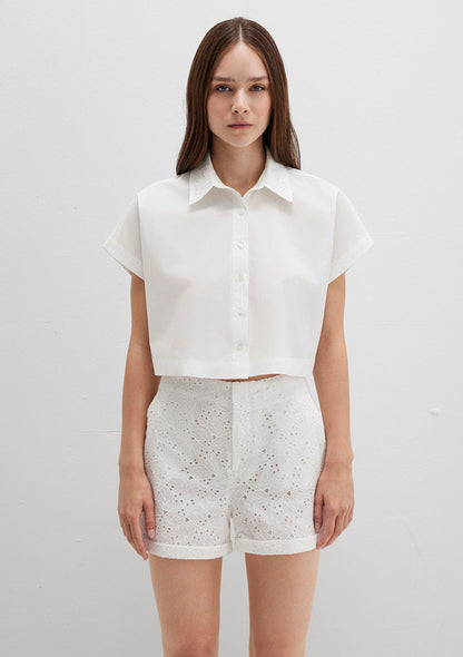 Collar Detailed White Crop Shirt