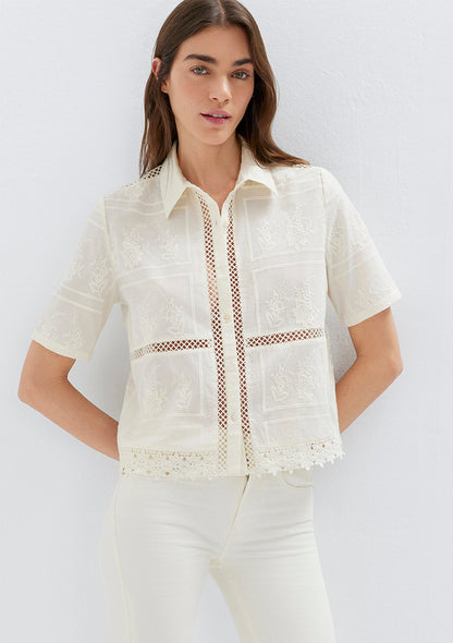 Embroidered Detail Ecru Shirt