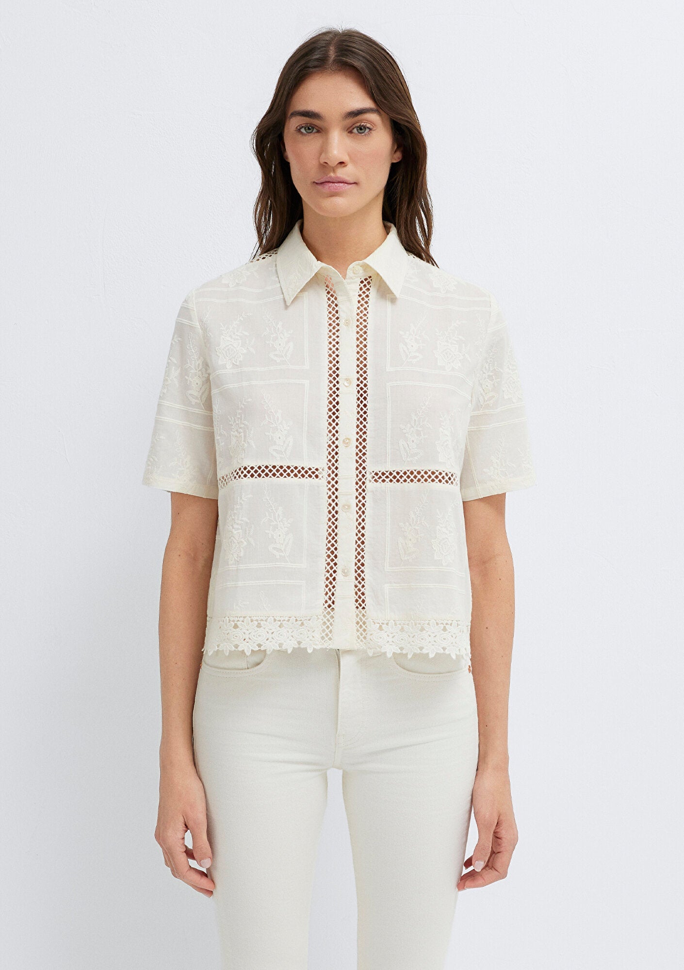 Embroidered Detail Ecru Shirt