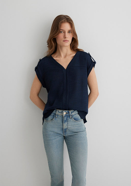 V Neck Navy Blouse