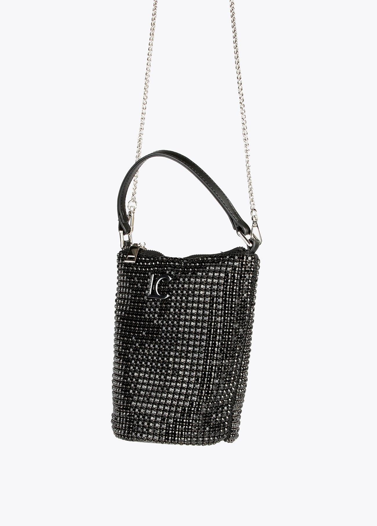 12423002-Drawstring bag with crystals-Black