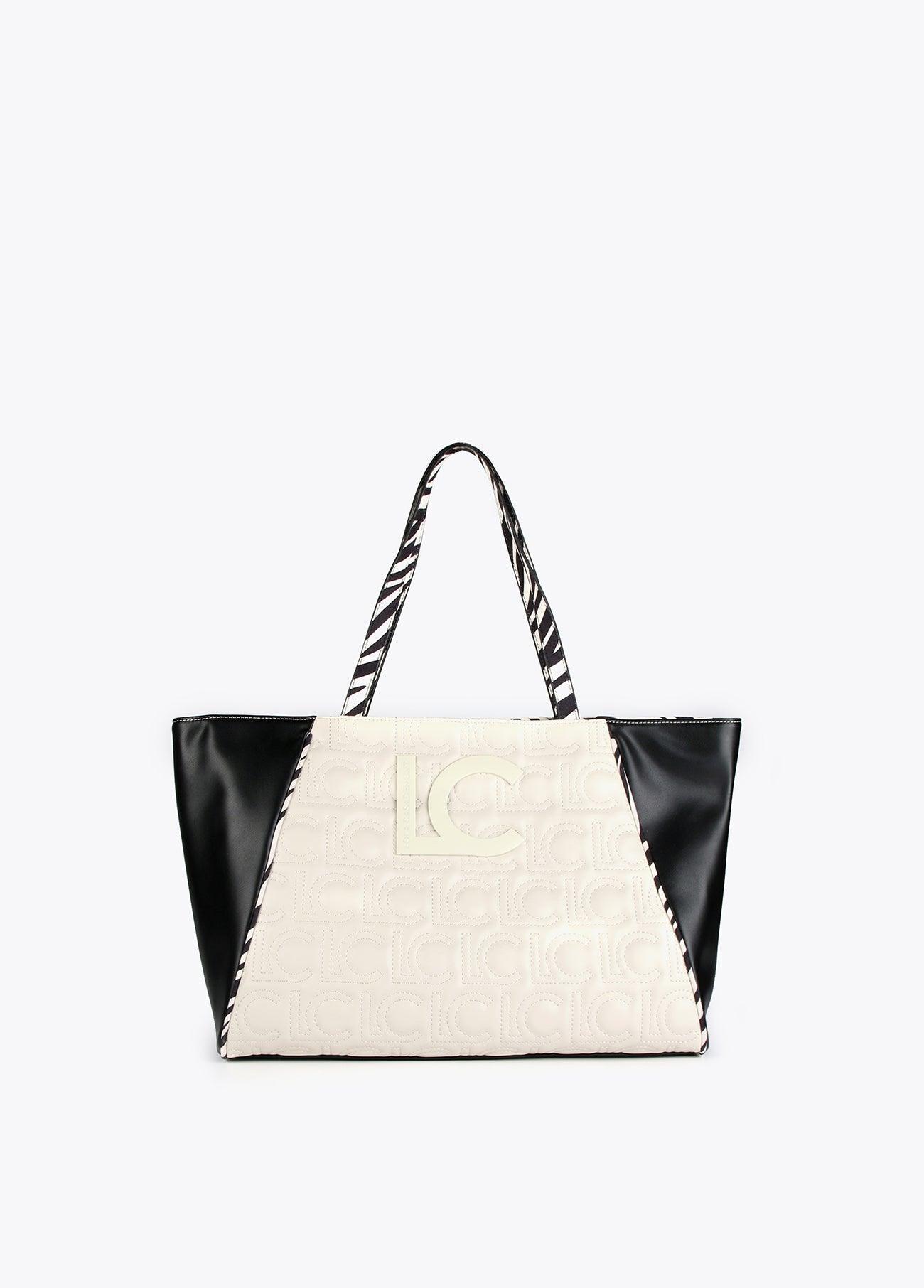 12428007-Two-tone tote bag with animal print handle-Black