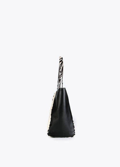 12428007-Two-tone tote bag with animal print handle-Black