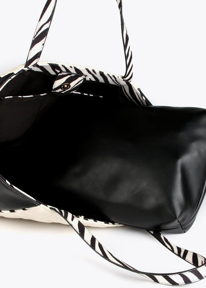 12428007-Two-tone tote bag with animal print handle-Black